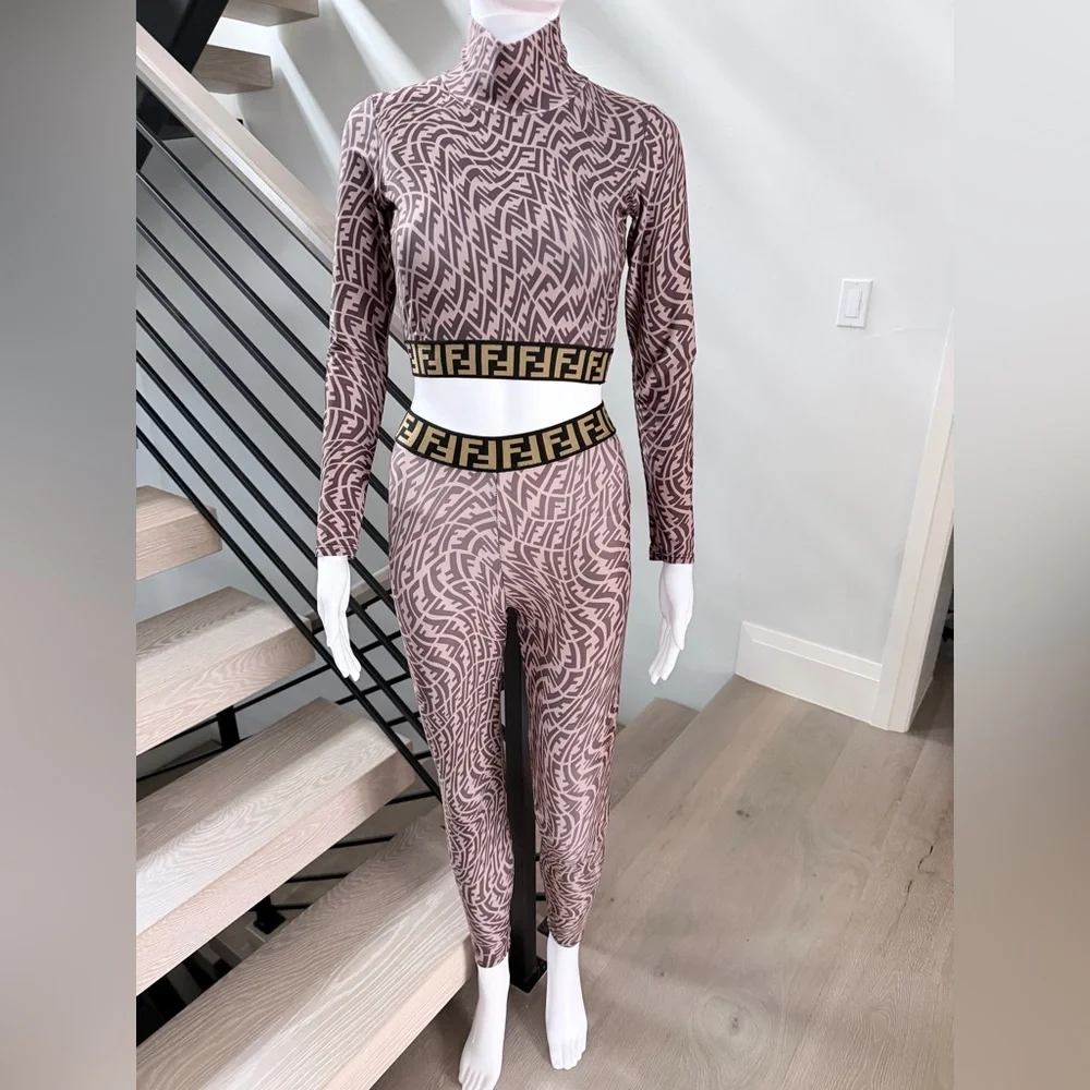 Fendi Geometric Matching Leggings Set - Brown and Black size XS/S - Picture 6 of 16
